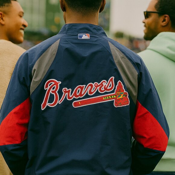 Atlanta Braves Men’s Large Authentic MLB Windbreaker Navy & Red Pullover - Picture 2 of 7